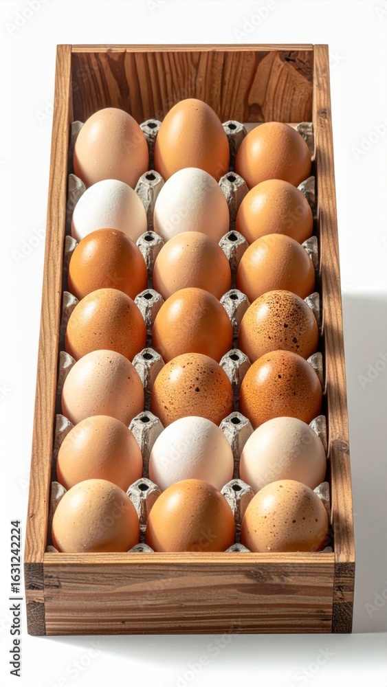 Poster Assorted Chicken Eggs in a Rustic Wooden Box with Varying Colors and Patterns