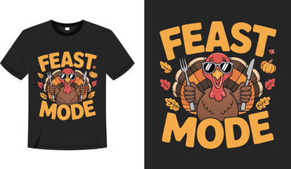 Fototapeta premium Black TShirt Featuring Feast Mode Thanksgiving Turkey with Knife and Fork Design Apparel