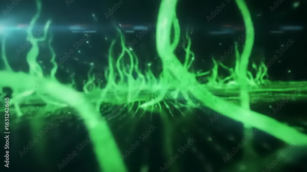 Poster abstract green glowing tendrils emerging from a dark, textured surface, evokes a sense of futuristic