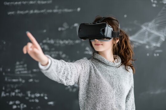 Asian woman teaching online education technology concept in virtual reality environment with VR headset and blackboard with math formulas