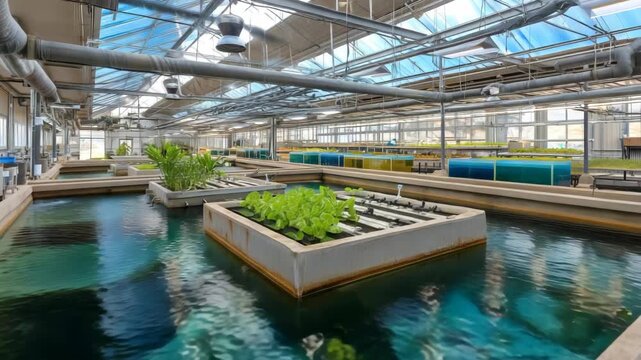 Innovative aquaponics facility featuring water-based agricultural systems in a large glass greenhouse setting