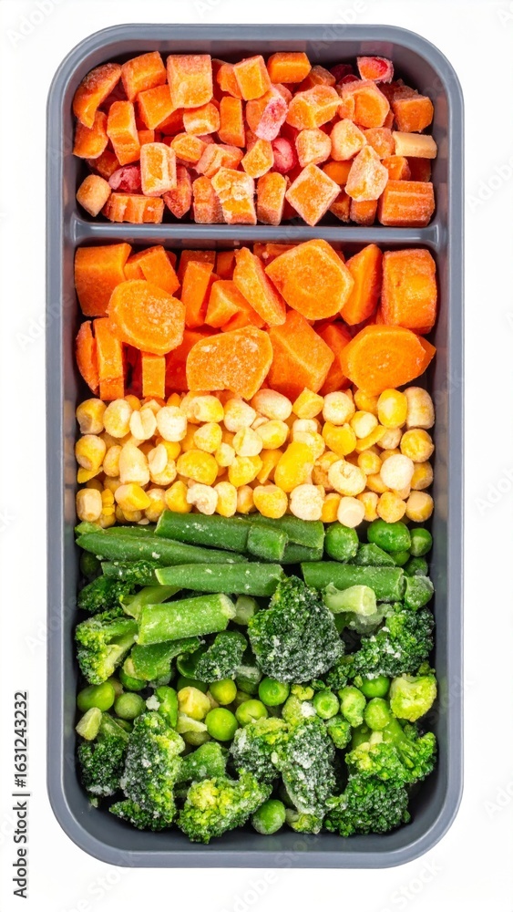 Poster assorted frozen vegetables in sections of gray container on white background