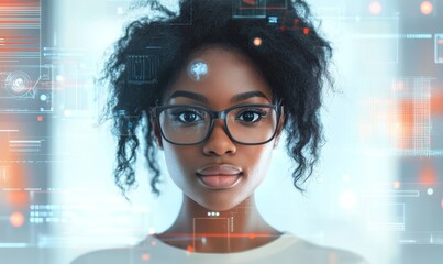 AI cybersecurity threat illustration, with a Black African American female IT specialist analysing complex data within the realm of information technology. The scene combines AR-AI, Generative AI
