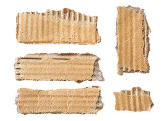 Pieces of torn or cut brown cardboard isolated design element on transparent background.