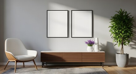 Modern living room interior with chair, table, plant, and empty frames