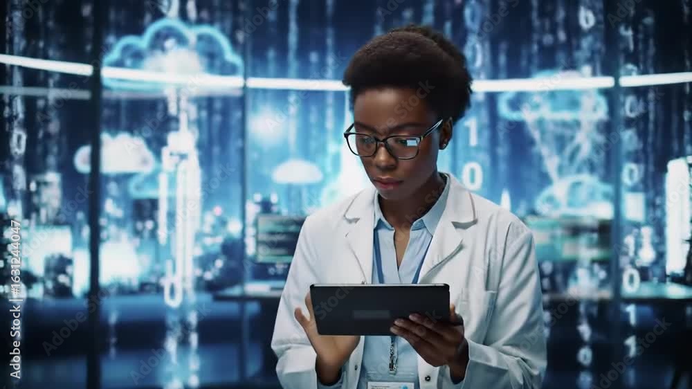 Poster confident female scientist laboratory using digital tablet for technology innovation and data resear