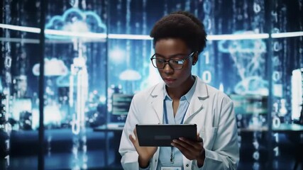 Confident female scientist laboratory using digital tablet for technology innovation and data research, professional healthcare expert analyzing futuristic data visualization and cloud computing - Powered by Adobe