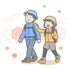 ハイキングをする若い男女カップルのイラスト
