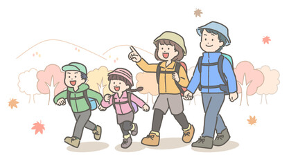 ハイキングをする若い家族・ファミリーのイラスト
