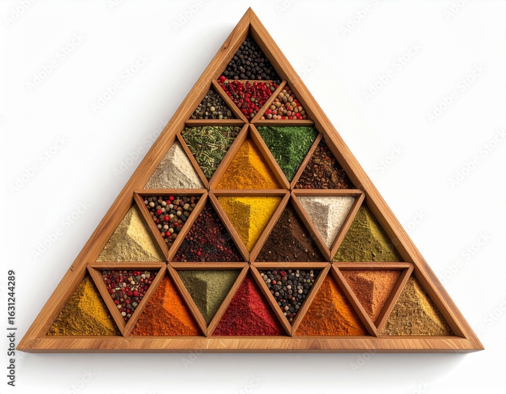 Poster triangular display of various colorful spices and herbs in wooden compartments on white background