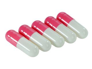 Bulk pink and white capsule pills isolated on white background.