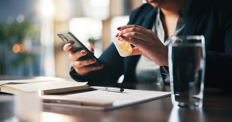 Hands, phone and business woman with pills at desk for research, side effects or treatment info...