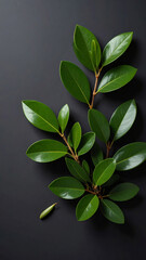 Minimalist botanical arrangement with vibrant green leaves on contrasting dark background