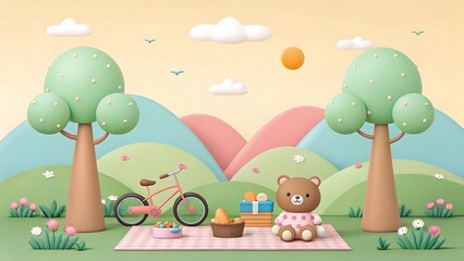 Whimsical Pastel Colored Landscape Featuring a Playful Scene