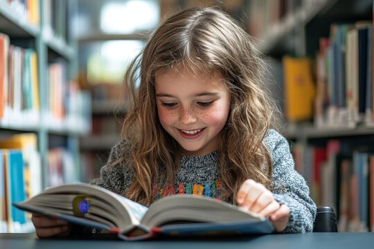 Happy disabled schoolgirl in a wheelchair reading a book in the library. This image showcases an inclusive school classroom, where students with disabilities are encouraged to read, Generative AI