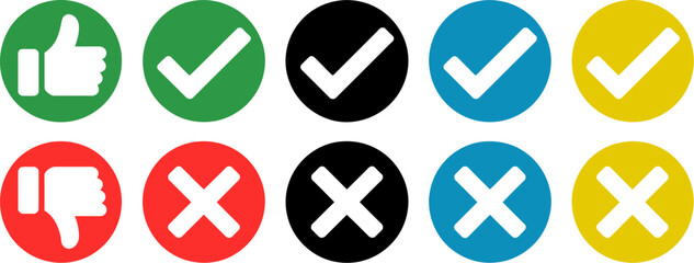 Collection of green checkmarks and red crosses with a thumbs up and down