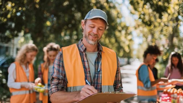 Community Volunteers: A dedicated volunteer meticulously records tasks, surrounded by his team, embodying the essence of community support and collective effort.