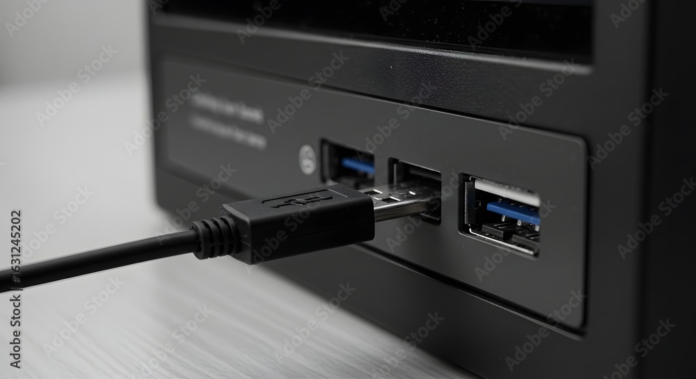 Poster close-up of a black usb cable plugged into a usb port on a black computer or device, showcasing conn