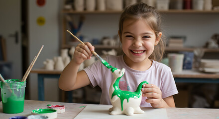 Happy young girl paints a ceramic dinosaur with vibrant green paint in studio
