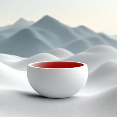 Serene white bowl with red interior rests on soft white waves of sand at dawn