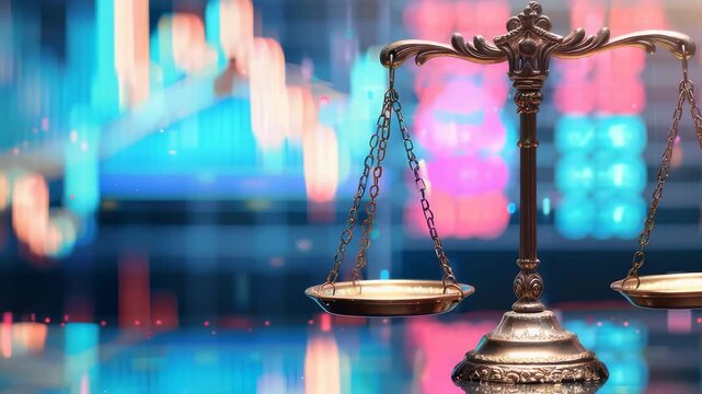 Showcases balance scale against backdrop blurred financial data, suggesting complex intersection law, finance, fair trade, market regulations in digital age.