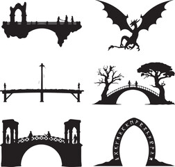 Fototapeta premium Dragon bridge archway figures trees flying