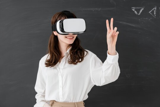 Young Asian teacher wearing vr headset showing her hand on a virtual blackboard in an educational technology and online teaching concept