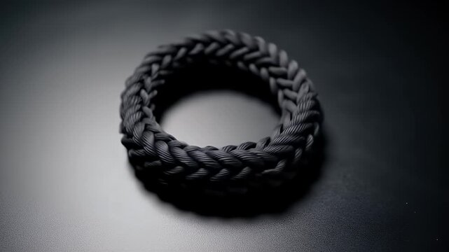 Braided Black Bracelet Detailed Weave on Dark Surface with Spotlight Effect