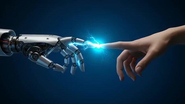 Robotic and Human Hands Connecting with Electric Spark