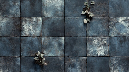 Dark blue square tiles with small green plants