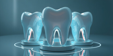 Futuristic dental concept with three glowing teeth in modern design