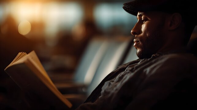 Traveler reading a book in an airport lounge chair