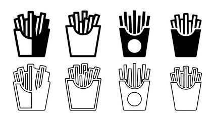 French Fries Icon Set – Black and Outline Vector Design for Fast Food and Snack Concepts.