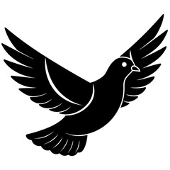 Obraz premium A stylized black silhouette of a dove in mid flight with its wings spread wide against a clean white background