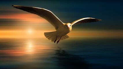 Soaring Seagull at Sunset