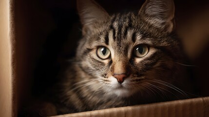 Curious cat peering out from a cardboard box