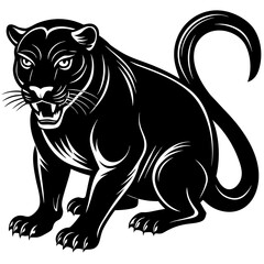 Fototapeta premium A striking black panther illustration with sharp claws and a coiled tail depicted in a powerful stylized silhouette against a white background