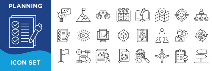 planning icon collection set. Containing strategy,goals,forecast,schedule,agenda,roadmap,blueprint,objectives,timeline,organization icon. Simple line vector.
