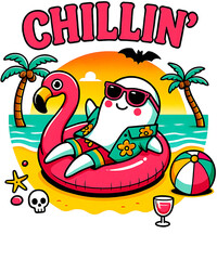 Relaxation Oasis: A cheerful, animated ghost, embracing the spirit of leisure, floats serenely on a vibrant flamingo-shaped inflatable at a sun-kissed beach oasis.