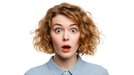 A surprised young woman with curly hair and wide eyes expressing shock against a white isolated background.