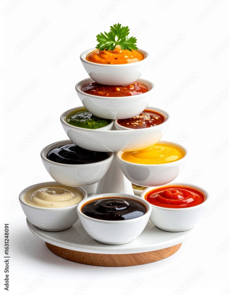 Poster assorted dipping sauces arranged in stacked bowls displaying a spectrum of colors and textures