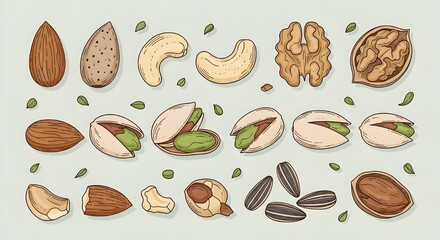 Hand-Drawn Nut and Seed Vector Set for Snack Packaging