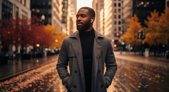 A stylish man walking down a city street, wearing a coat, with earbuds.