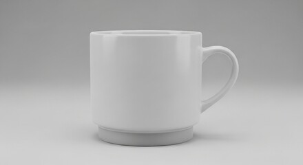 Fototapeta premium Clean white ceramic coffee mug with a sleek handle stands isolated on a neutral light grey background, ideal for product mockups.