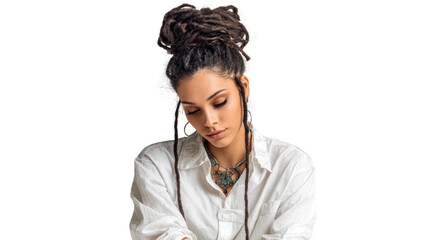 A young woman with dreadlocks, wearing a white shirt, gazes down thoughtfully, showcasing natural beauty.
