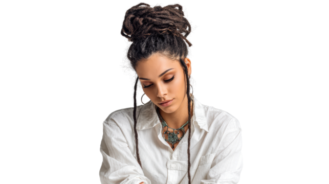 A young woman with dreadlocks, wearing a white shirt, gazes down thoughtfully, showcasing natural beauty.