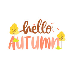 Hello Autumn Lettering with Fall Trees and Leaves in Flat Style Vector
