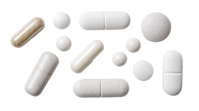 Assorted dietary supplements and vitamins on white isolated background. - Powered by Adobe