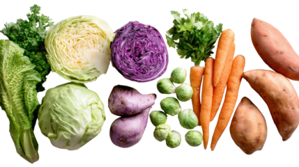 Assorted fresh vegetables arranged on a white background for a healthy food concept.