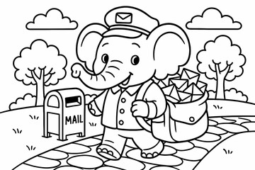 Cute elephant mail carrier with a satchel full of letters walking to the mailbox in a cartoon coloring page
